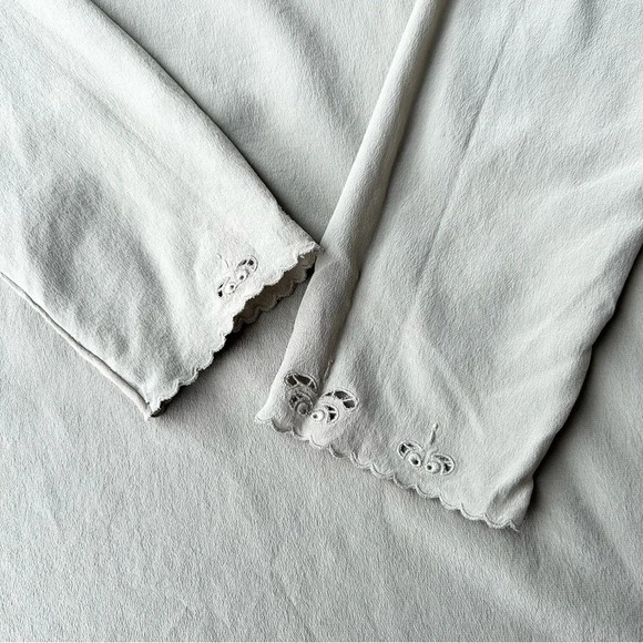 Oak Fort Taupe Pure Silk Laser Cutout Long Sleeve Shift Dress - Picture 10 of 14